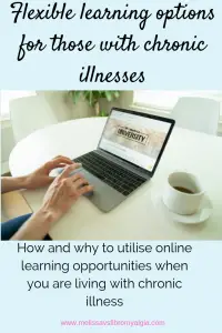 Online learning for those with chronic illness. Hand on mouse of laptop with cup of tea on desk.