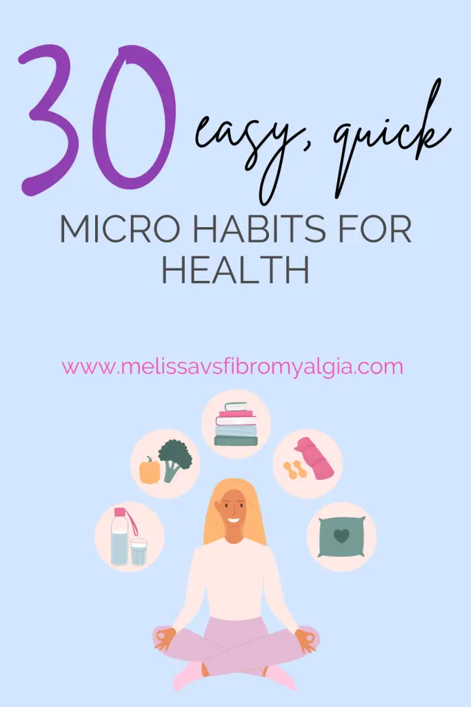30 easy quick micro habits for health. woman with habits in speech bubbles over head